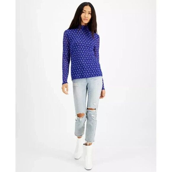 INC International Concepts Printed Mesh Turtleneck, Purple, Sz. M - Picture 1 of 10